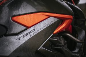 Close-up detail of an orange-coloured Zontes 310T
