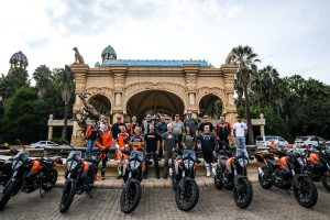 A bunch of moto journalists ready to ride KTM 390 Adventure bikes